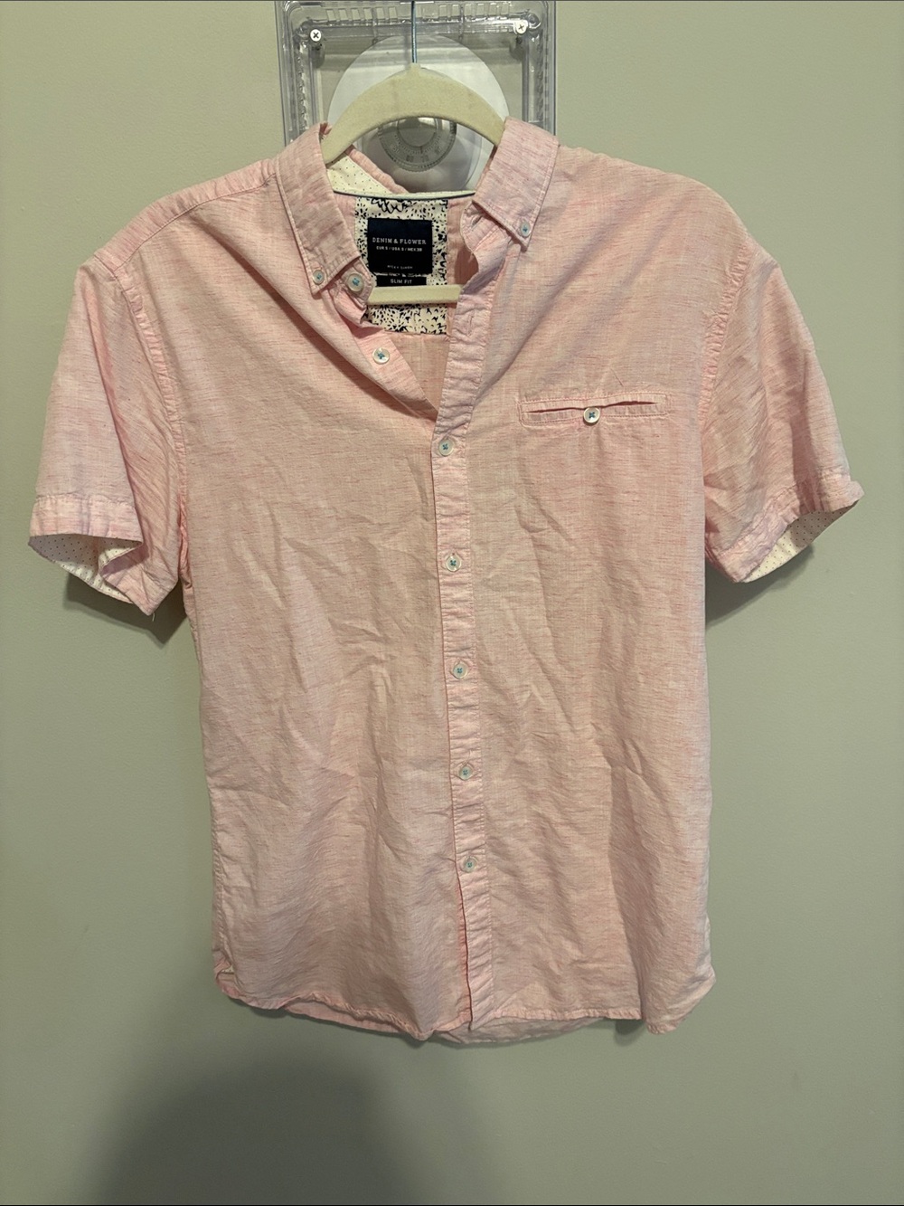 Denim & Flower Size Small Short-Sleeve Pink Button-Up Shirt - Casual Men's Shirt